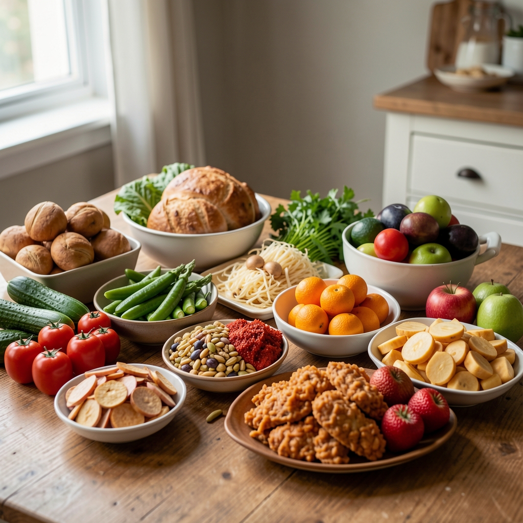 Pregled raznih svežih namirnica raspoređenih na stolu u dokumentarnoj fotografiji, edukativna kompozicija hrane