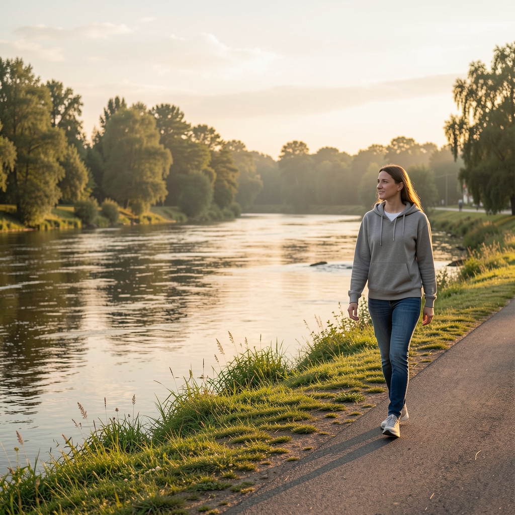 Jutarnja rutina: osoba koja šeta pored reke, toplo jutarnje svetlo, mirna svakodnevna scena