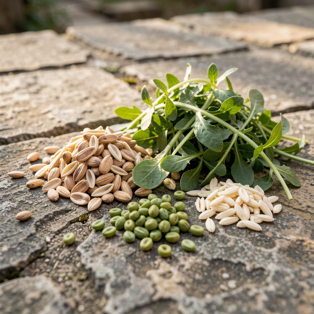 Sveže začinsko bilje i mahunarke raspoređene na kamenoj površini, blizinski dokumentarni snimak
