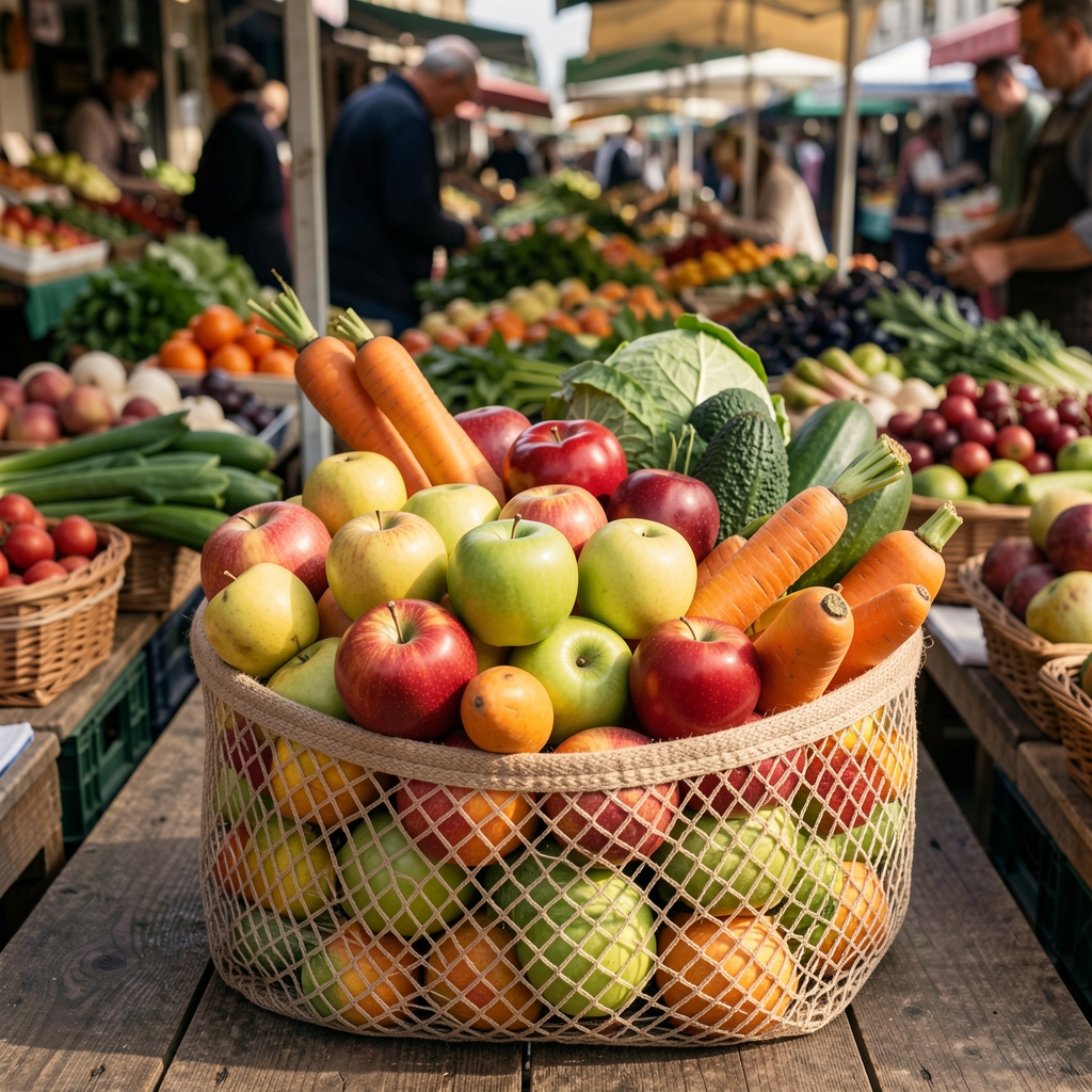 Voće i povrće u mrežastoj torbi na pijaci, prirodno ambijentalno svetlo, spontana tržišna fotografija