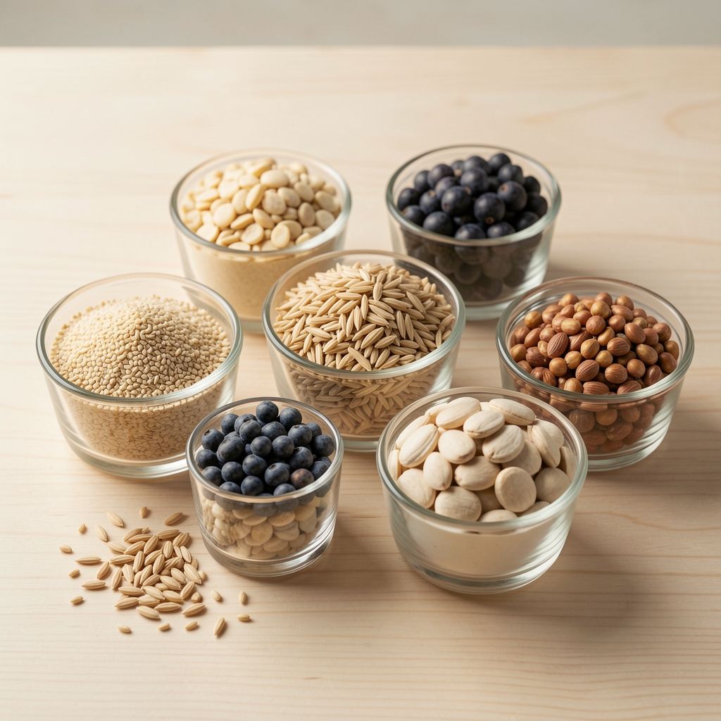 Razne žitarice i semenke u malim posudicama raspoređene na svetloj drvnoj podlozi, edukativna kompozicija